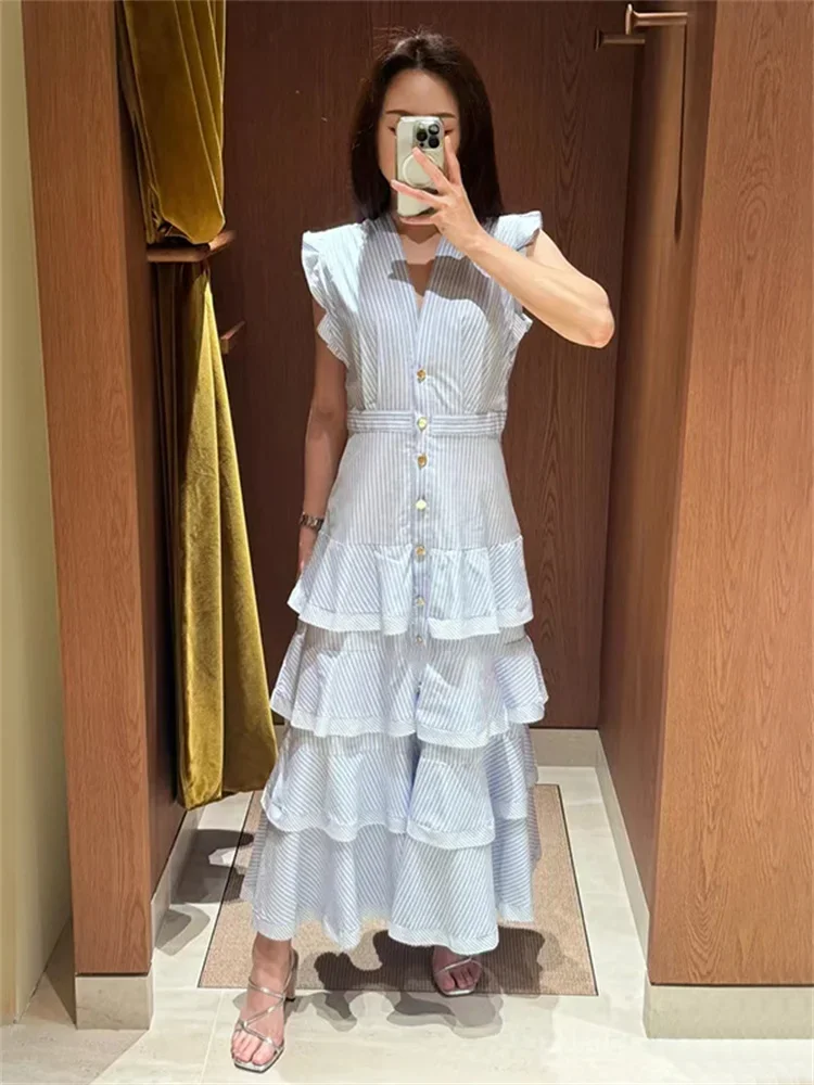 

Женское однобортное платье миди в полоску, голубое платье без рукавов с оборками и V-образным вырезом, милый халат на лето 2024