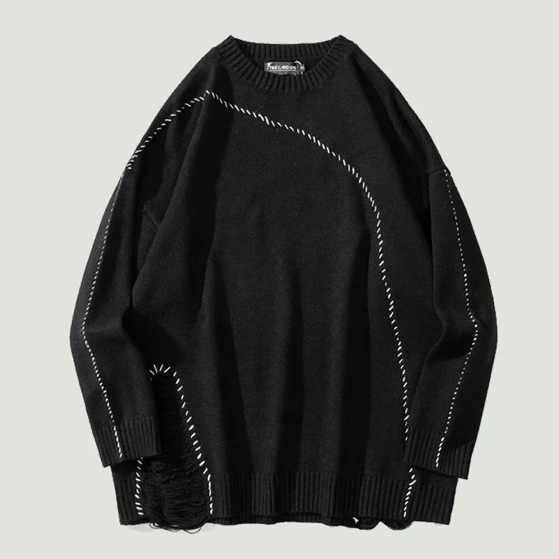 

High Street Hole Knitted Sweaters Mens Harajuku Patchwork Y2K Jumper Hip Hop Oversized Casual O-Neck Loose Pullover Unisex 2024