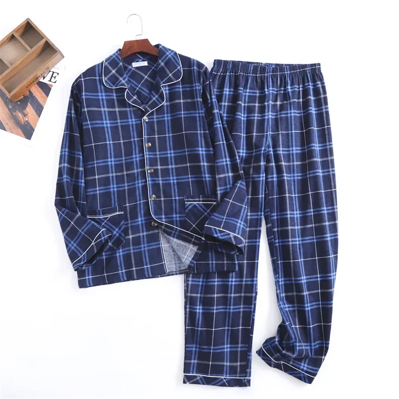Autumn and Winter Men's Newest Cotton Flannel Brushed Trouser Suit Plaid Design Clothes with Button Pajama Set Homewear Men Suit