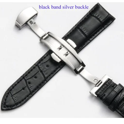 Elegant Leather Watch Band with Double Press Butterfly Clasp
