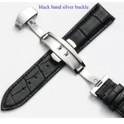 Elegant Leather Watch Band with Double Press Butterfly Clasp - 22mm (Black - silver buckle)