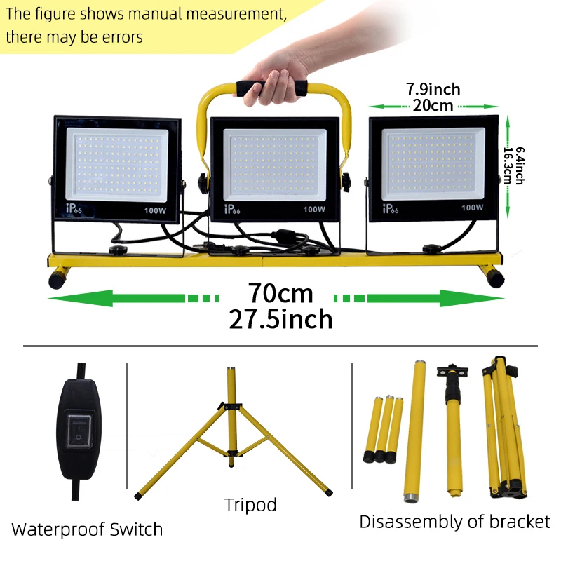 300W Led Work Light with Stand 30000 Lumens High Brightness Waterproof Portable Construction Lights 1.8m Aluminum Alloy Tripod