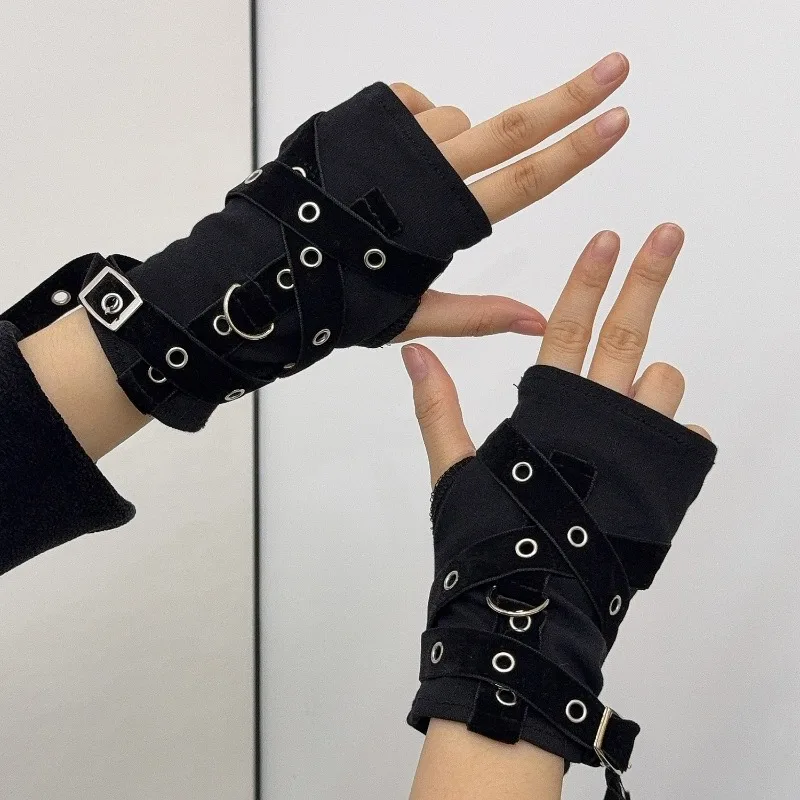 Fashion Women Half Finger Metal Buckle Gloves Rivet Punk Gothic Hip Hop Party Cosplay Dance Mitten Black Fingerless Strap Glove