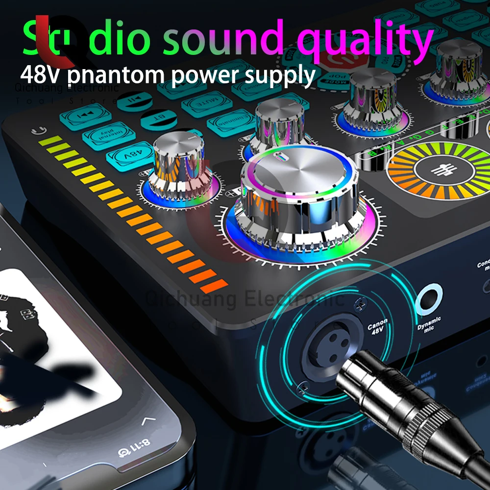 1PC Q7 가라오케 팟 캐스트 홈 스튜디오 기록 방송 마이크 믹서를 위한 최신 전문 휴대용 블루투스 사운드 카드