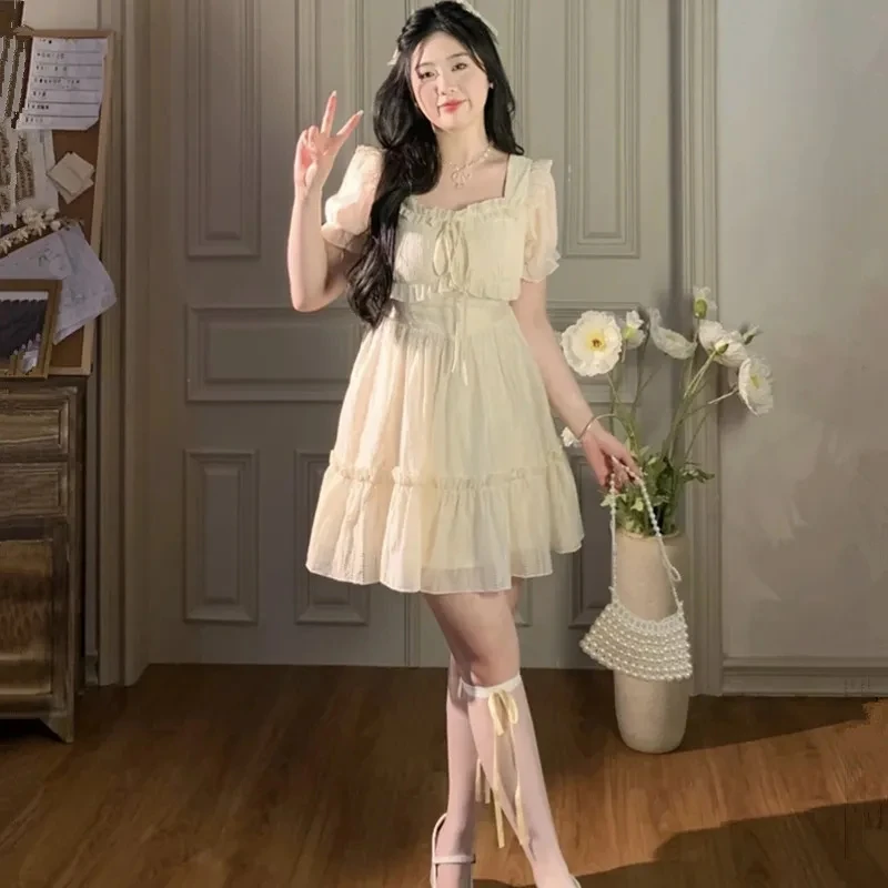 

Fragmented Flower Dress Women Spring Summer 2023 New Slim Short Fairy Dresses Fashion Elegant Square Neck A-line Skirt Womens