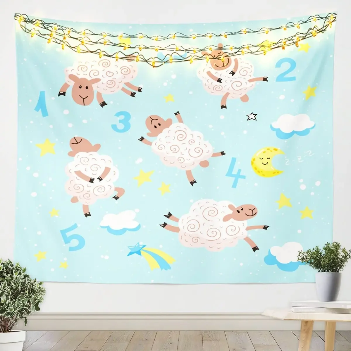 

Cartoon Sheep Tapestry Counting Sheep Sleep Tapestry Moon Cloud Sky Tapestries Wall Hanging Decor for Dorm Bedroom LIving Room