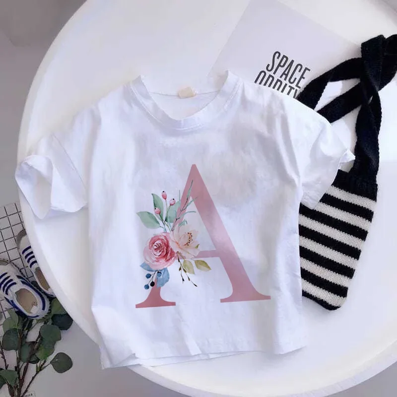 thumbnail image 1 of Camiseta de algodón con 26 letras en inglés ABCD, camiseta de verano para niños con flores, ropa informal de dibujos animados, camisetas de manga corta para niñas y niños, 1 of 5