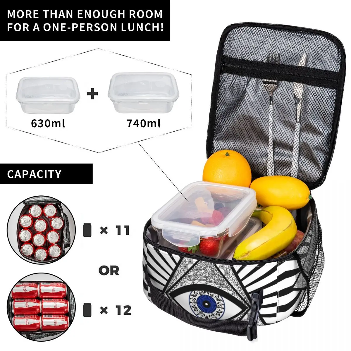 Evil Eye Good Luck Charm Energy Triangle Insulated Lunch Tote Bag Geometric Amulet Nazar Cooler Thermal Food Lunch Box Camping