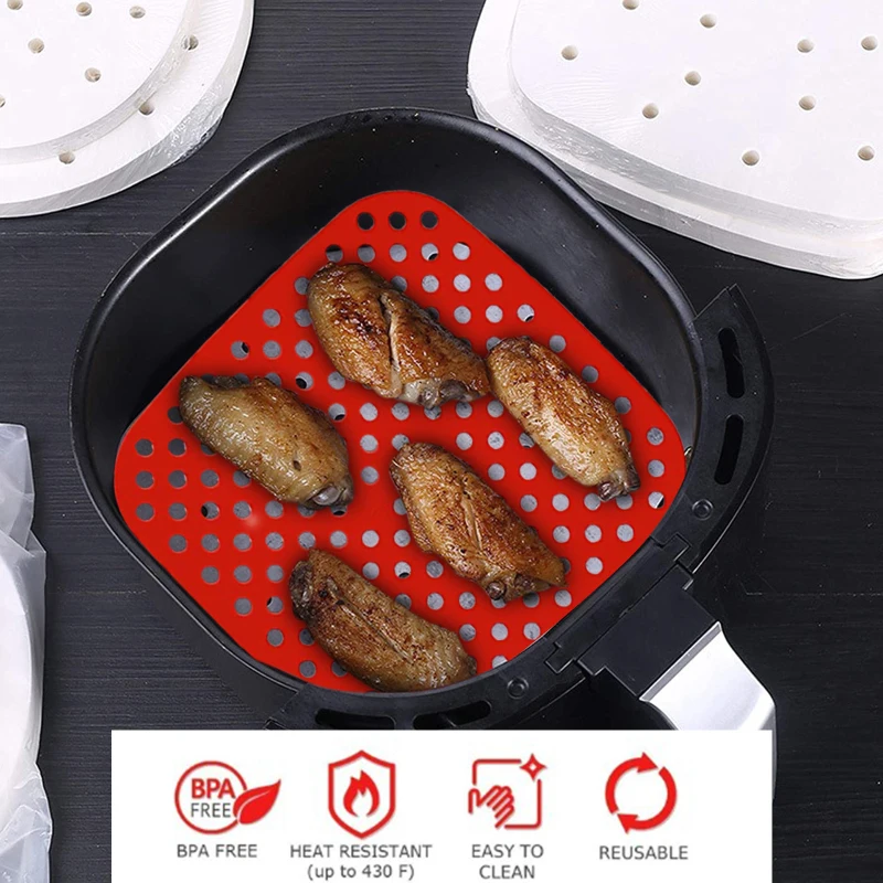 Reusable Air Fryer Silicone Liners - 3 Pack 8.5 inch Square Non-Stick Air Fryer Mat for Frying, Steaming, Oven, Perforated Air Fryer Baking Pad for