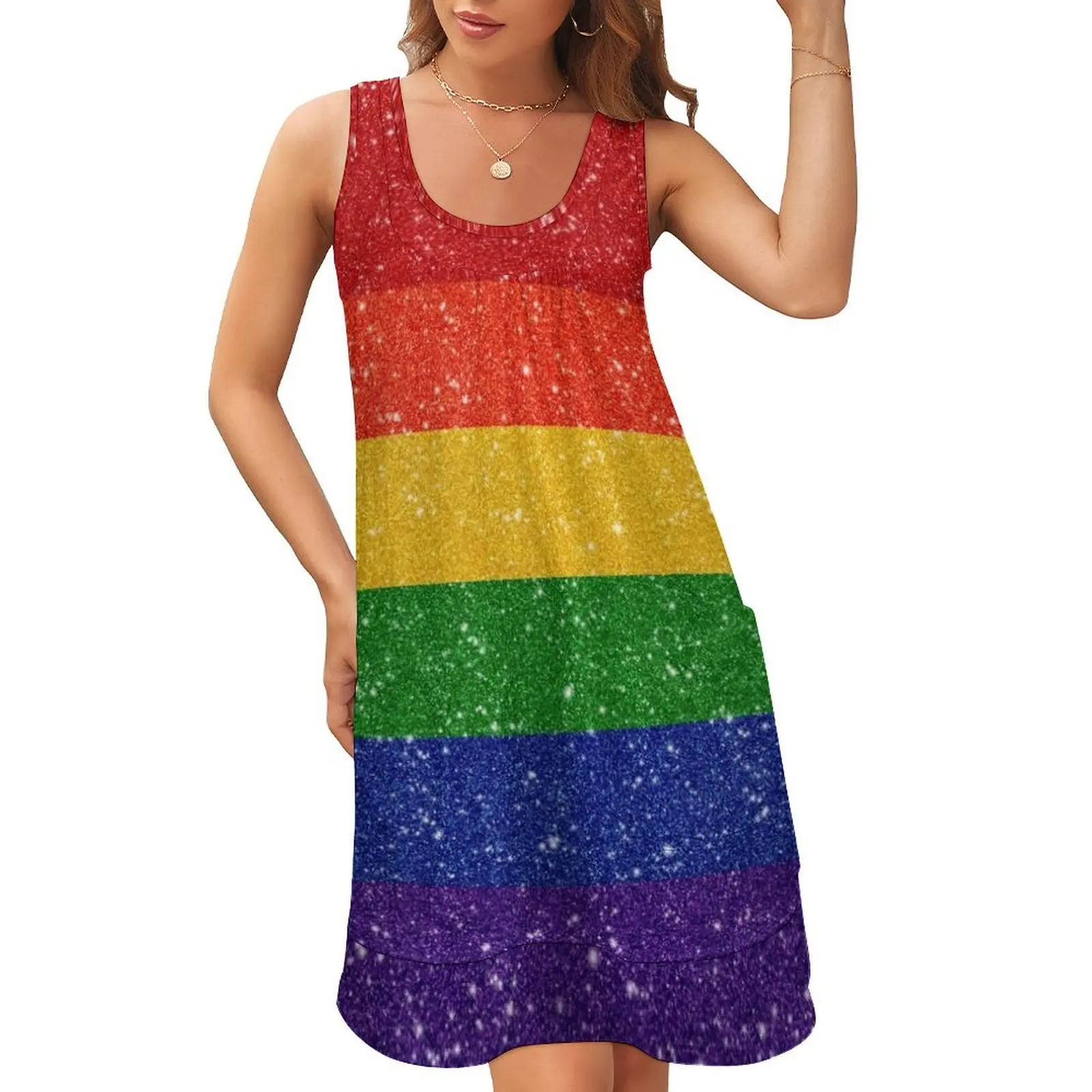 

Faux Glitter LGBTQ Pride Rainbow Flag Background Sleeveless U-Neck Fake Two Piece Dress summer women's suit Women's dress