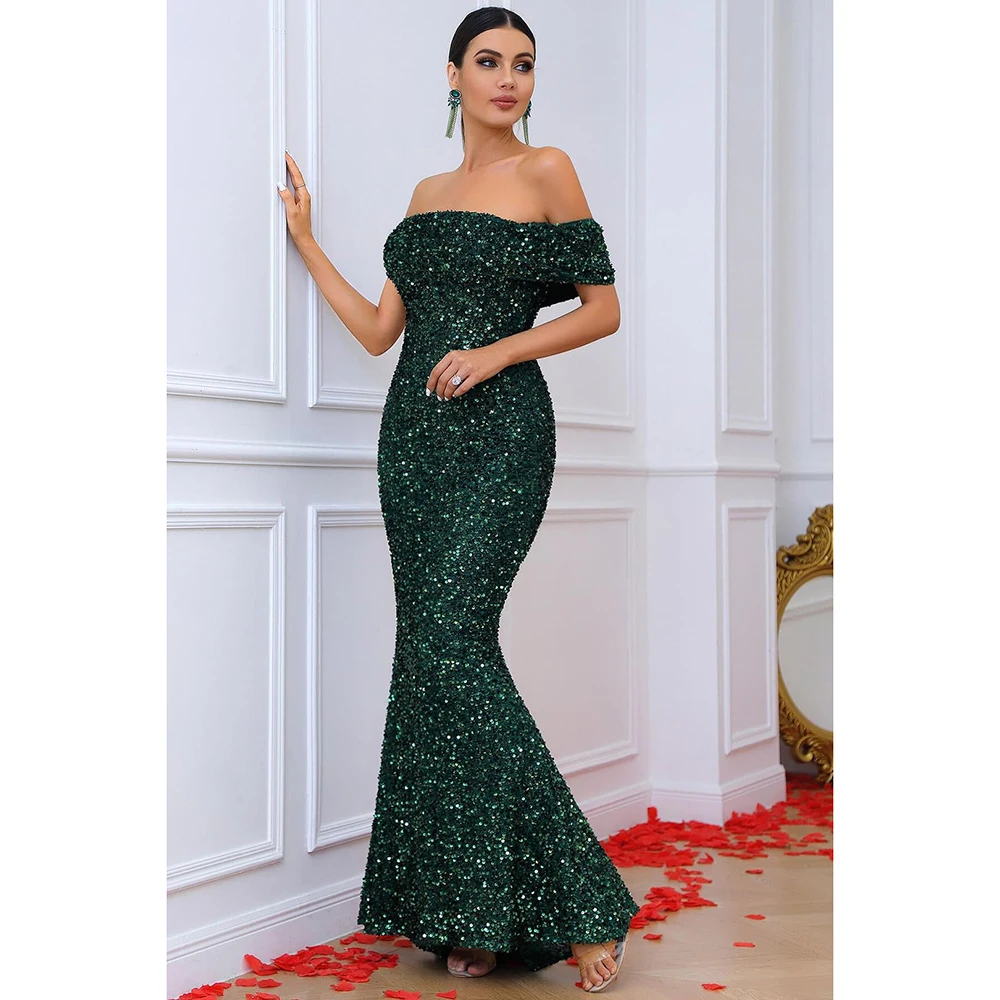 

2022 New Spring Temperament One-Shoulder Green Sequined Annual Meeting Fishtail Evening Dress Banquet Evening Dress Dress