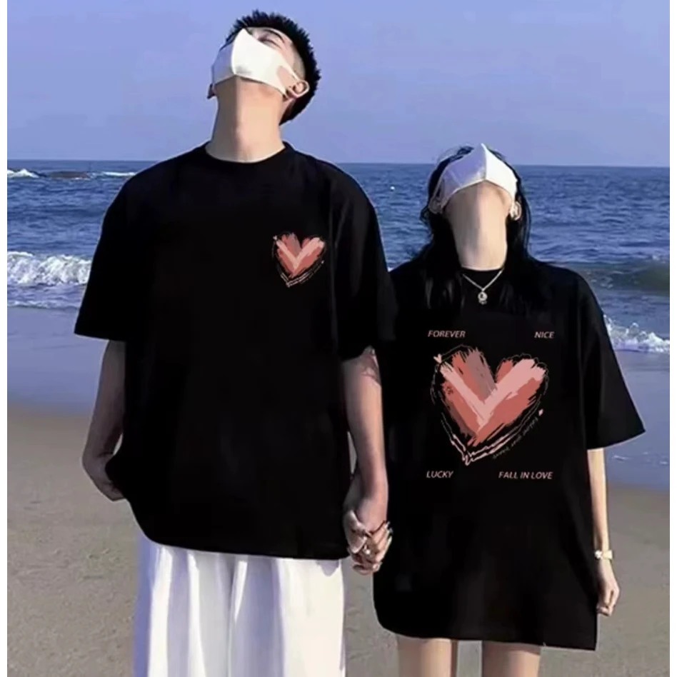 Romantic Love Heart Couple T-shirt Summer 2025 New Korean