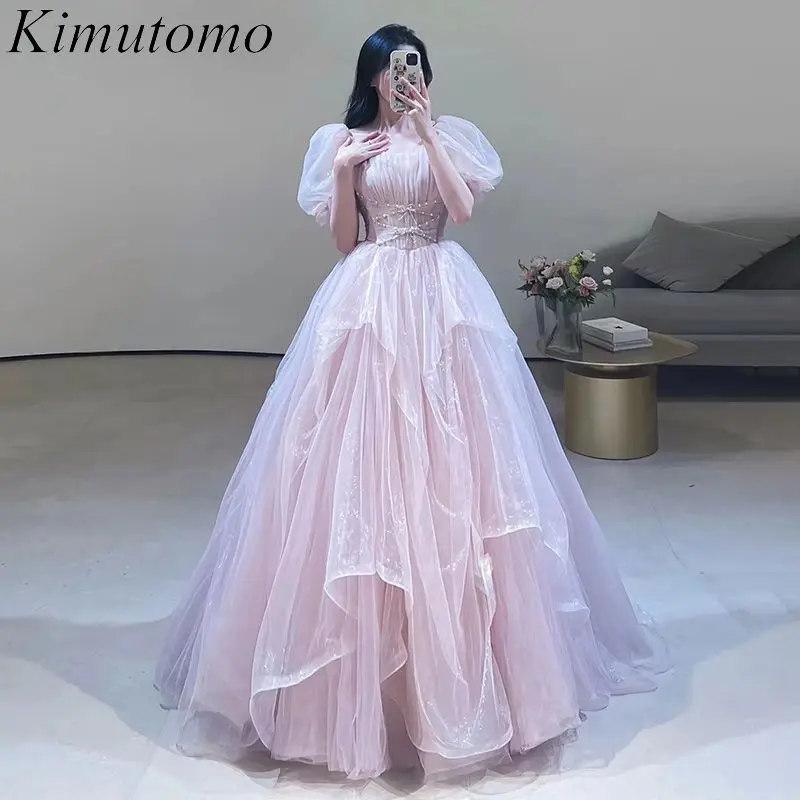 

Kimutomo Multi Ruffles Pink Prom Dresses Puff Short Sleeves Pearl Elegant Dress Women for Wedding Party Sweet Pink Vestidos