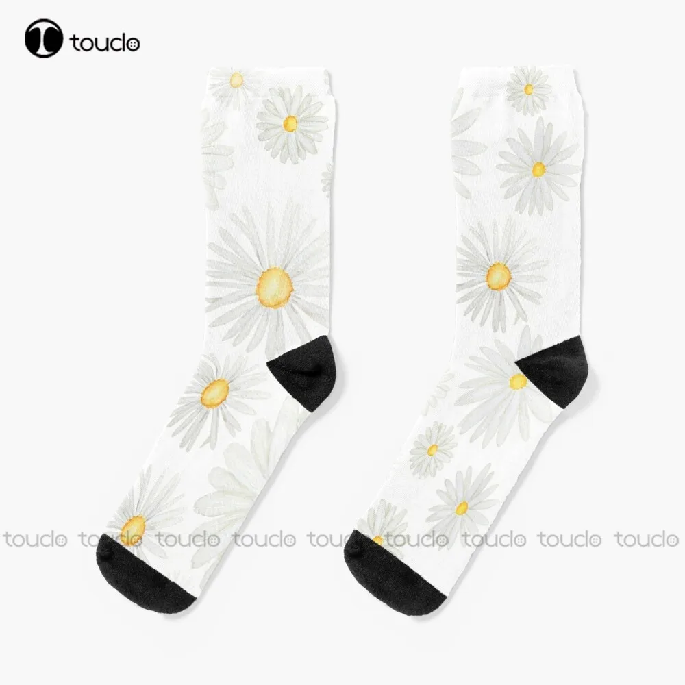 

White Daisies Pattern Watercolor Socks Vintage Flower Pattern High Quality Cute Elegant Lovely Kawaii Cartoon Sweet Cotton Sock