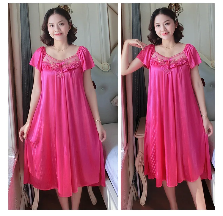 Ladies Nightdress Sexy Ice Lace Large Size Solid Color Flower Pajamas Thin Short-sleeved Lace Skirt Night Dress Women Dress
