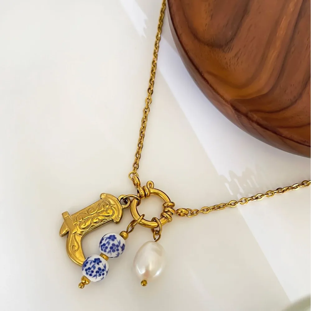 Blue and White Porcelain Round Bead Pendant Riding Boots Necklace Stainless Steel PVD Gold Color Cowboy Boot Pearl Choker Bijoux