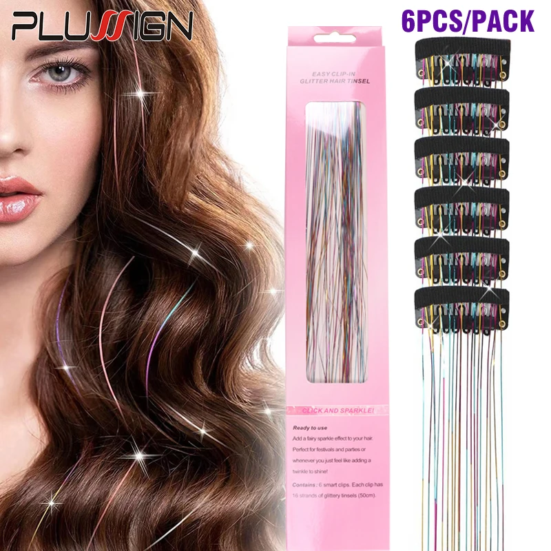 6Pcs Hair Clips With Hair Extensions Sparkle Bling Synthetic Hair Extensions For Kids Girls Women Headdress Party Accessories