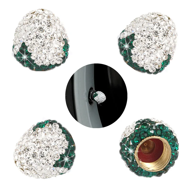 4Pcs 크리 에이 티브 딸기 크리스탈 자동차 타이어 밸브 모자 다이아몬드 방진 휠 모자 블링 자동차 매력 장식 자동차 액세서리 선물