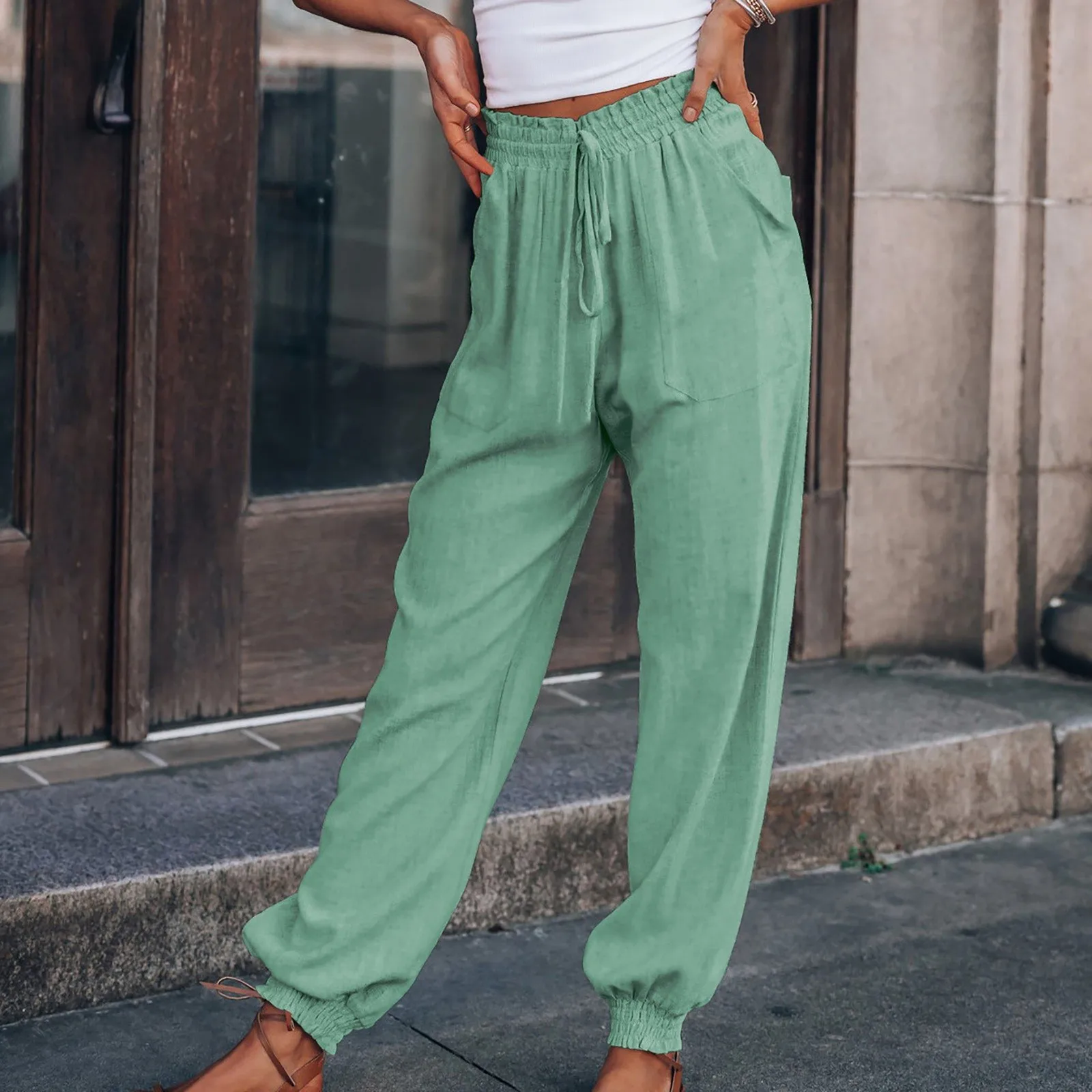

Women Pants Trousers Ladies Solid Color Loose Pockets Lace Up Pants Boho Beach Lace Up Oversized Wide Leg Pants Trousers Female