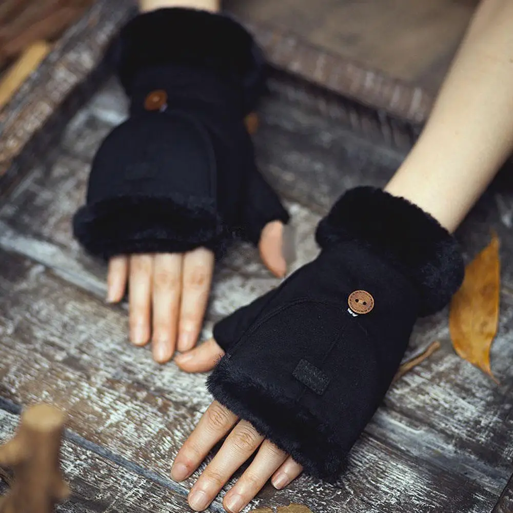 Thicken Flip Cover Suede Gloves Warm Velvet Touch Screen Wool Lining Half Finger Gloves Winter Outdoor Writing Student Gloves