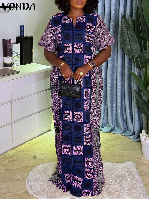 Plus Size Vintage Dress Women Summer Party Sundress Bohemian Short Sleeve V Neck Print Vestidos Casual Oversized Robe VONDA