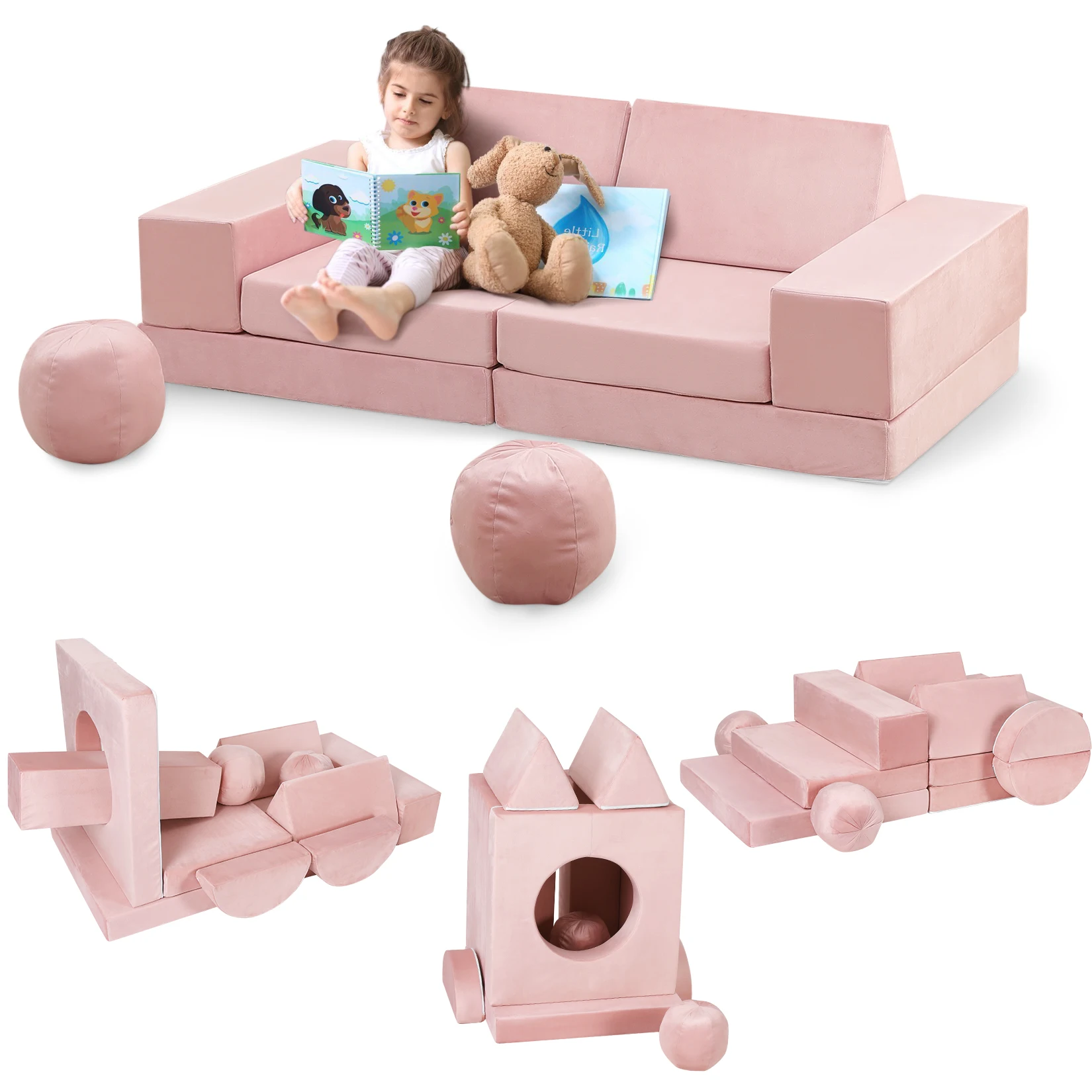 Ensemble de canapé modulaire pour enfants 12 pièces, canapé convertible pour enfants avec balles et tunnel, canapé sectionnel en mousse souple pour enfants