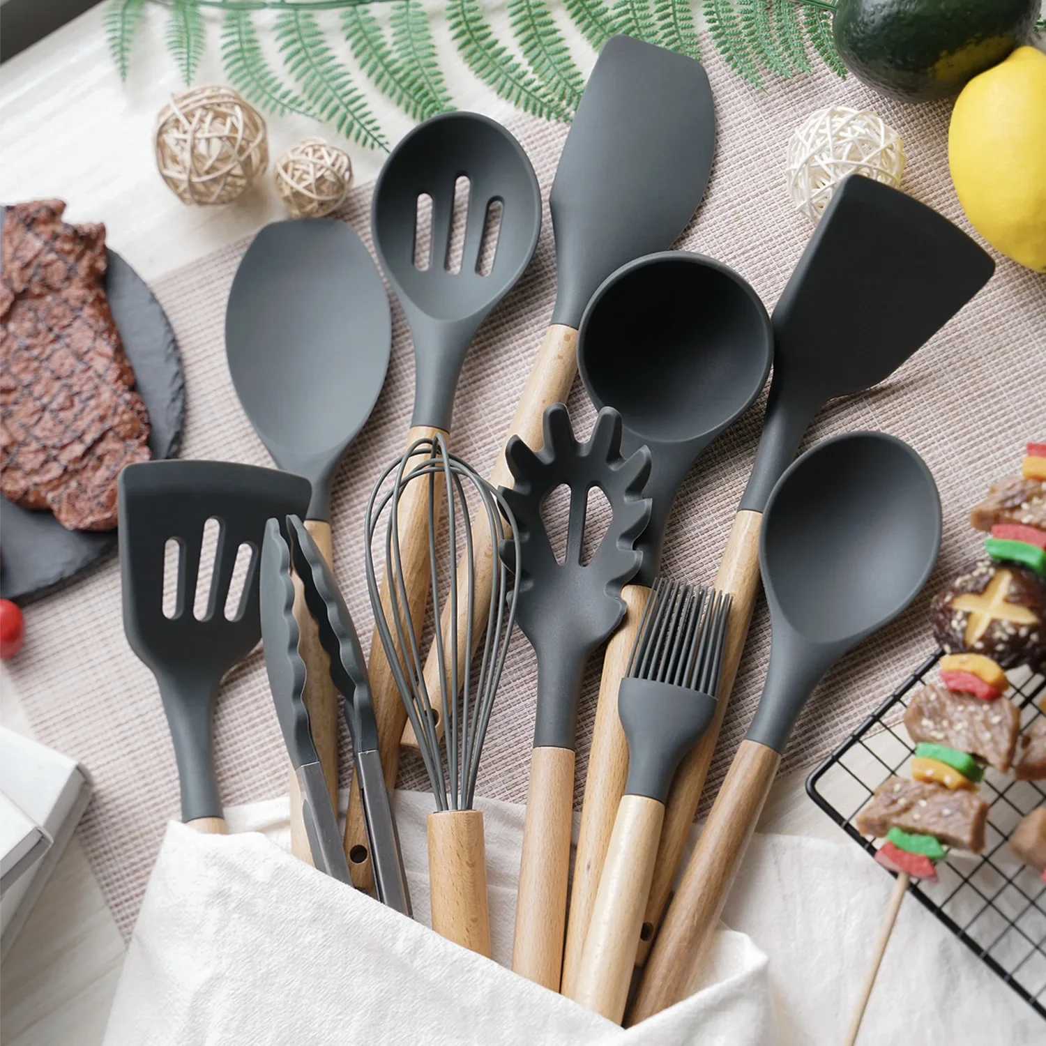 12 Pieces Silicone Kitchenware Utensils Cooking Tool Wood Handel Resistant NonStick  Cooking Utensils Kitchen Accessories - AliExpress