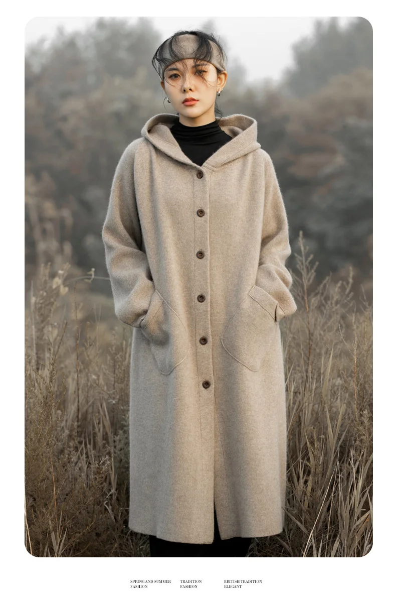 Pure Wool Coat Women's Loose Long Knee-Length Hooded Double-Sided Cashmere Medium Long Pocket Woolen Coat