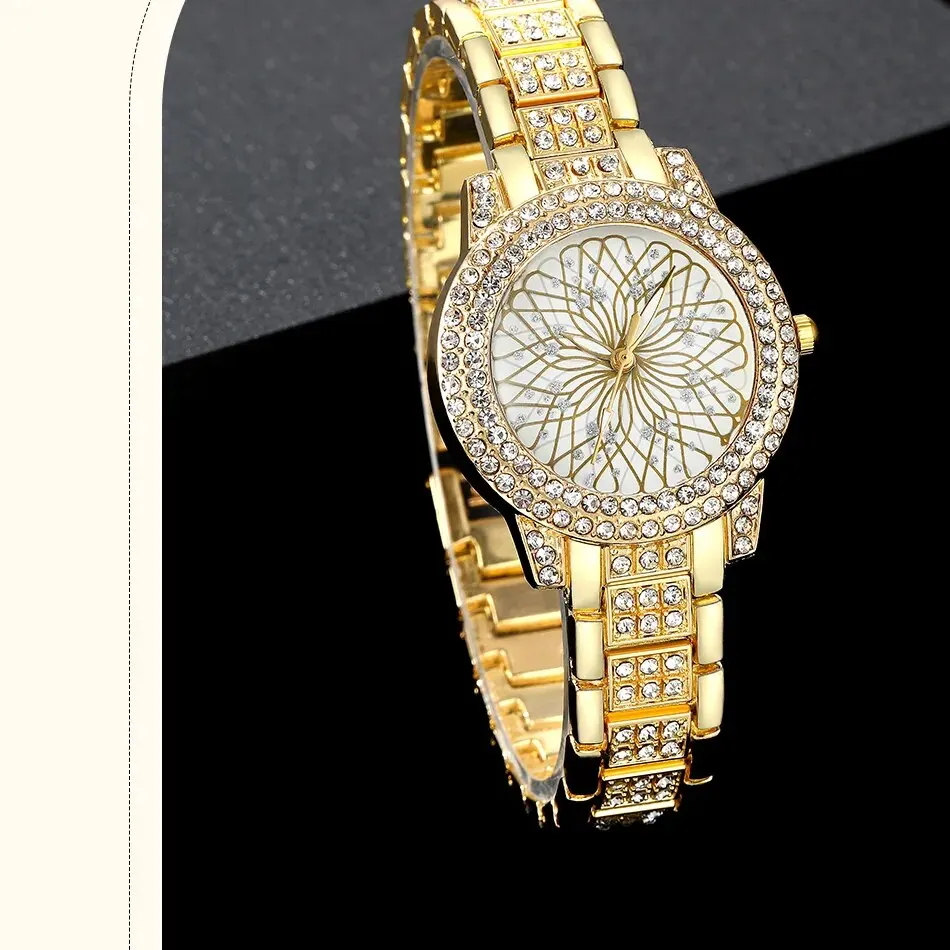 Sfdfd332510da4f26a4b950b05abde7d6v 5PCS Set Luxury Watch Women Ring Necklace Earrings Rhinestone Fashion Wristwatch Female Casual Ladies Watches Golden Color Set Mallzona