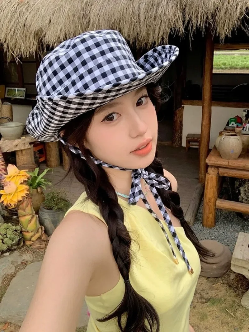 Bucket Hats Women Black Dot Versatile Sweet Lace-up Fisherman's Hat Summer Big Brim Sun Protection UV Protection