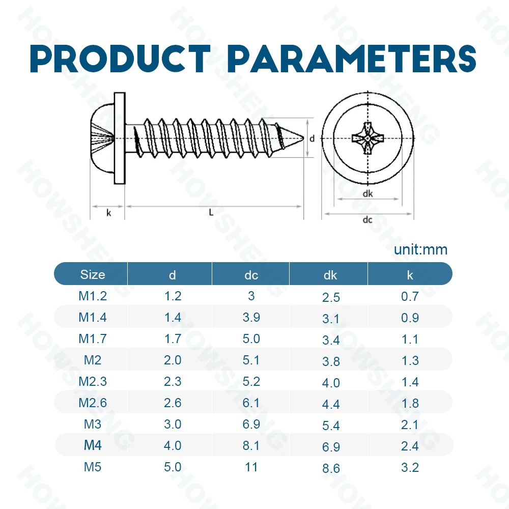 Cross Round Head Self Tapping Screw HOWSHENG PWA Screw M1.2 M1.4 M2 M5 Black Plated Pan Head Phillips Tapping Screws