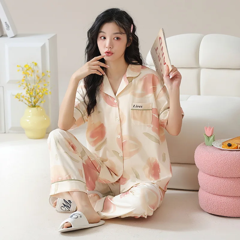 Spring Summer Women's Thin Knitted Cotton Pajamas Lapel Short Sleeve Cardigan Pants Girls Cute Loose Casual Home Clothing Set