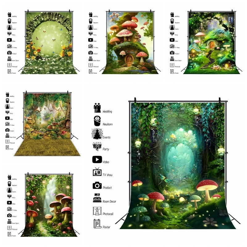 Fondale Fotografico 2,1x1,5 M - Paese Delle Meraviglie Con Funghi E Giardino Incantato