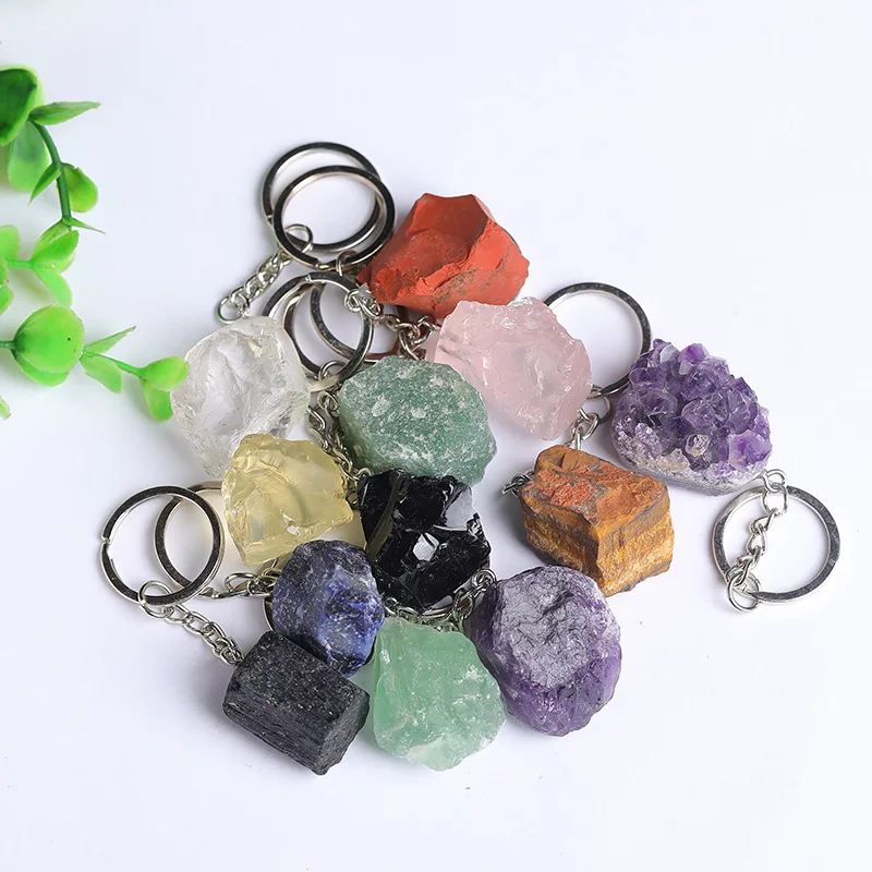 Natural Raw Stone Fluorite Amethyst  Key Rings Keychains Car Decor Key Chain Keyholder