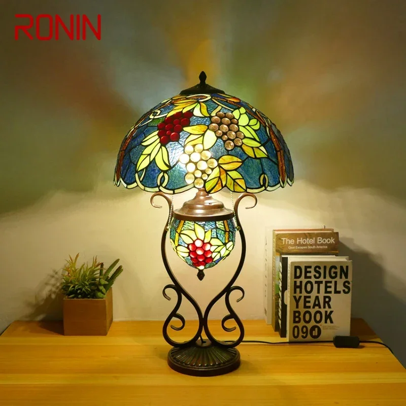 

RONIN Tiffany Table Lamp American Retro Living Room Bedroom Lamp Luxurious Villa Hotel Stained Glass Desk Lamp