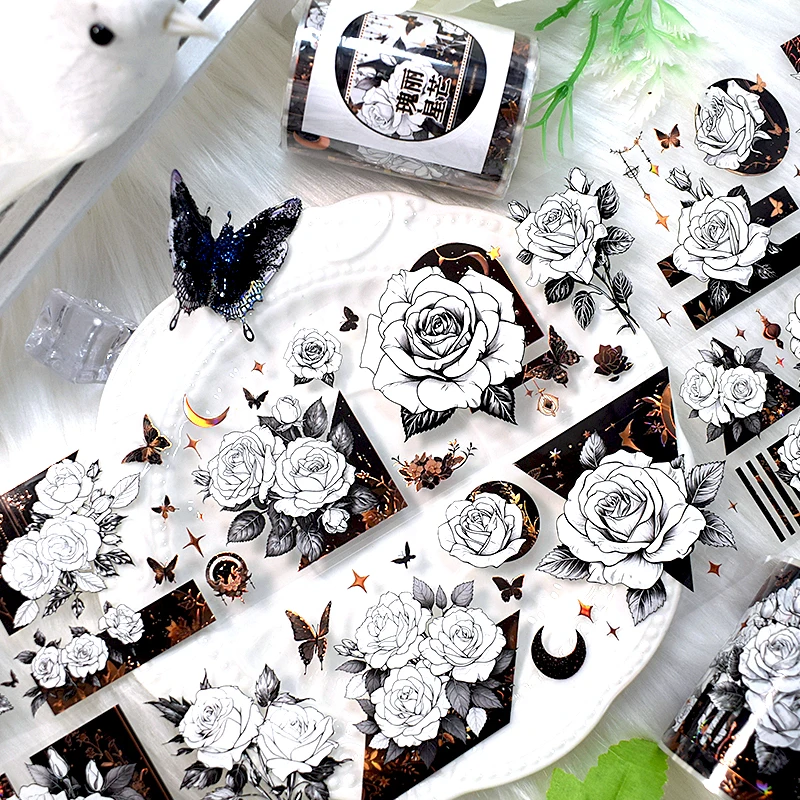 2m/Roll Black White PET Tape Flower Washi Masking Tape Aesthetic Decorative Adhesive Sticker for DIY Scrapbooking Journal Diary