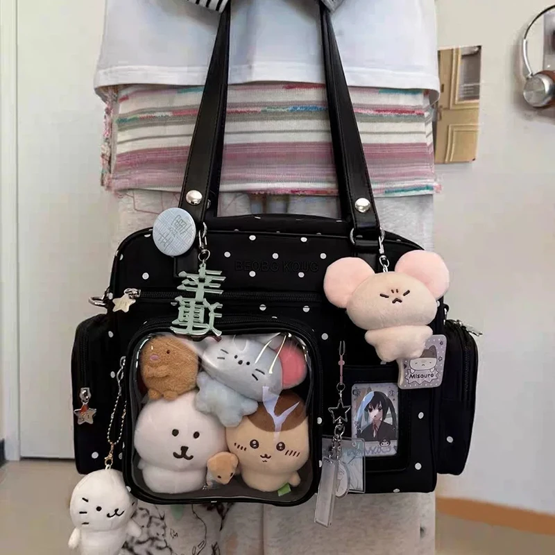Borsa a pois da donna con finestra trasparente per esposizione bambole, multi-tasche, porta carte fotografiche Kawaii, borsa a tracolla regolabile - immagine 3
