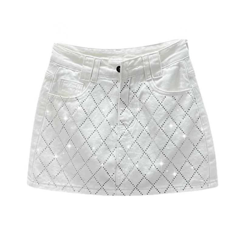 

White Rhinestone Denim Skirt Women's Short Skirt 2024 New Summer High Waist Slim Slimming European Goods Hip Skirts