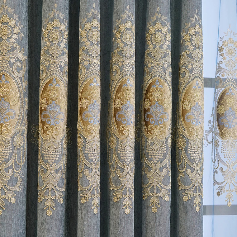 

European Luxury Chenille Thickened Blue Embroidered Blackout American Curtains for Living Dining room Bedroom Tulle Custom