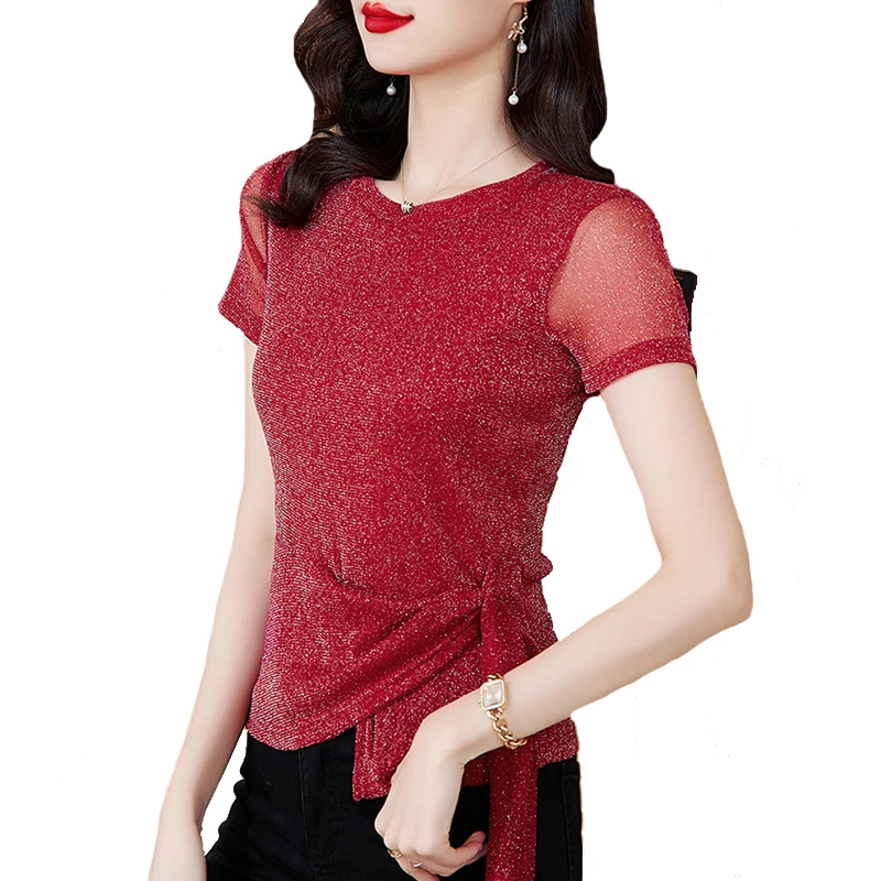 

2023 Summer Tops For Women New Short Sleeve Mesh T-shirt Slim Waist Round Neck Bright Silk Irregular Shirt