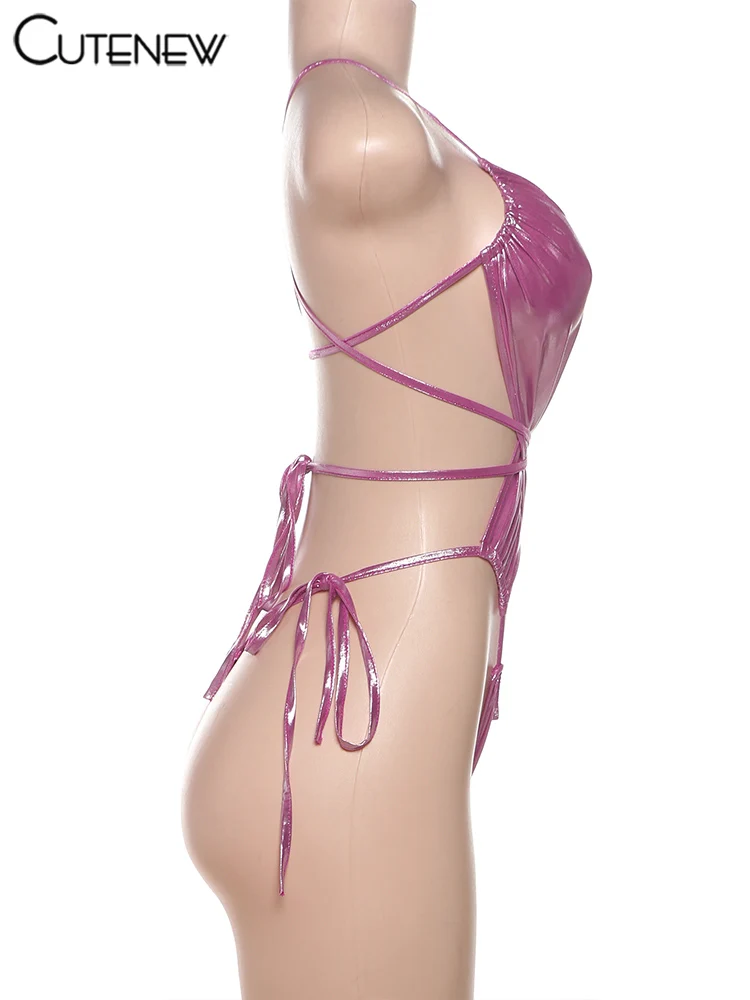 Body brillante para mujer, sexy, con vendaje cruzado, sin cintura ni espalda, ajustado, para mujer, atractivo, liso, para salir de noche o discoteca.