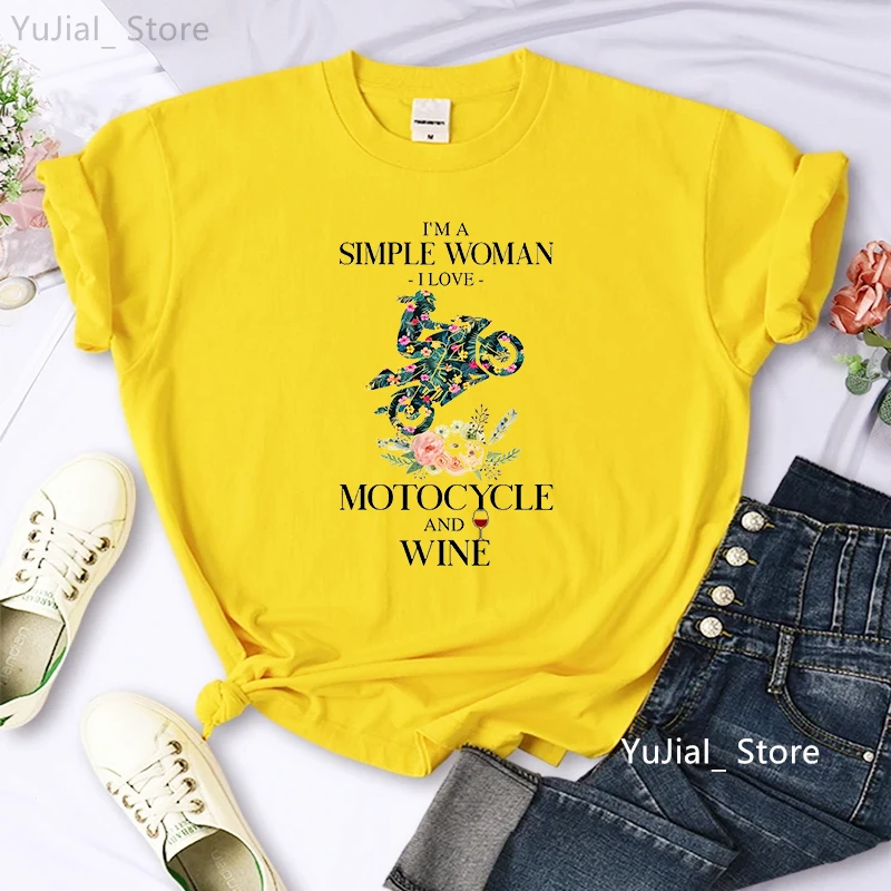 Ich bin eine einfache Frauen Ich liebe Motorrad und Wein Grafik druck T-Shirt Mädchen lustige rosa/grün/grau/gelb T-Shirt Femme – Detail 2
