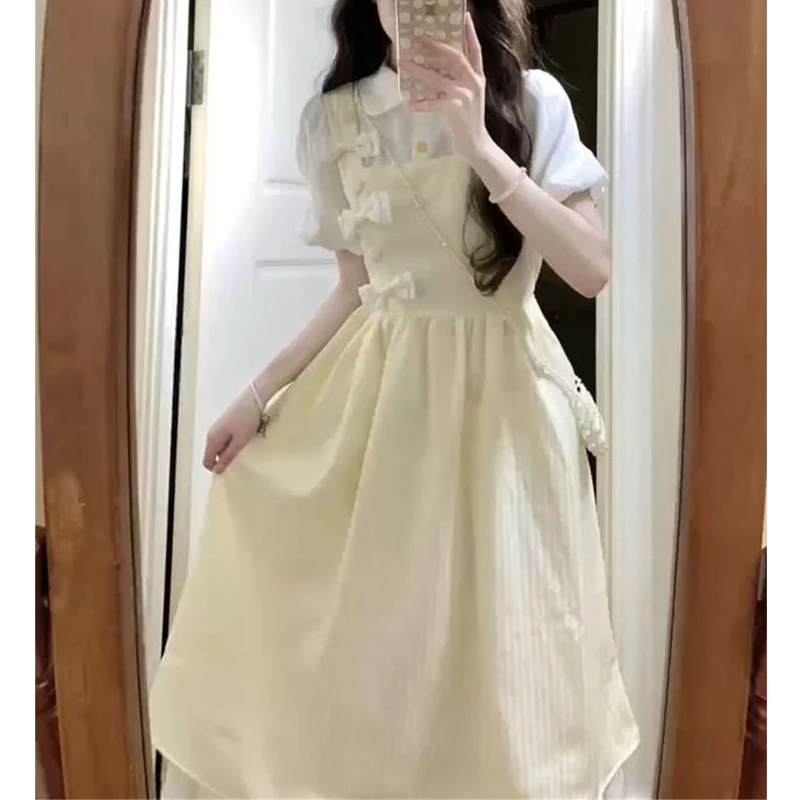 Women Clothing Summer Vintage Preppy Style Patchwork Bow Sweet Cute Dresses Casual Short Sleeve Slim Chic Fairy Midi Dress