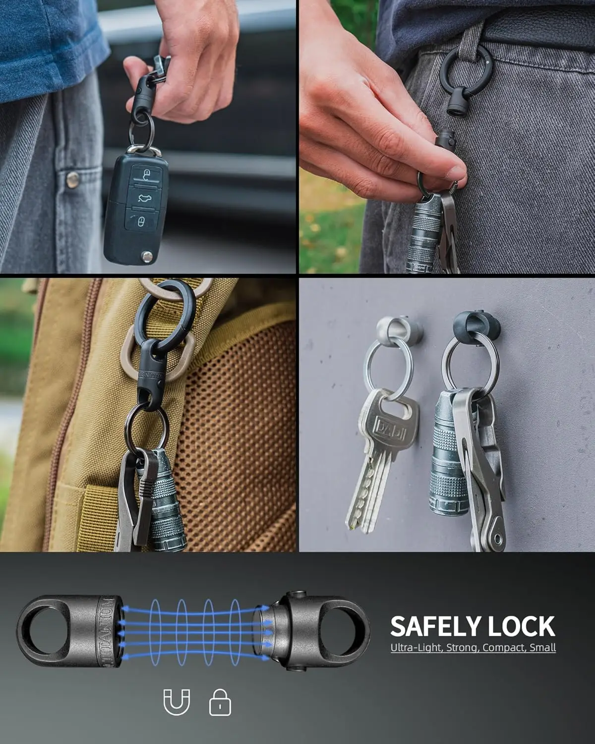 Titanium Magnetic Key Holder,black,Quick Release Keychain, Detachable Magnetic Keychain, Safely Lock System-360 ° Rotatablblack 3