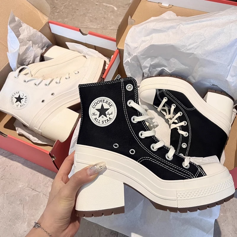 

Canvas Shoes Women's 2024 New Retro High Heels, Thick Heels, High Top, Round Toe, Thin Belt, Waterproof Platform, Elevated Shoes