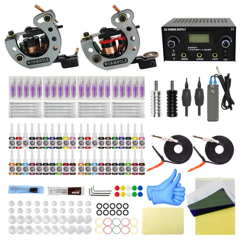 

Tattoo kit full set of equipment coil double tattoo machine with power stainless steel foot pedal disposable tattoo accessories