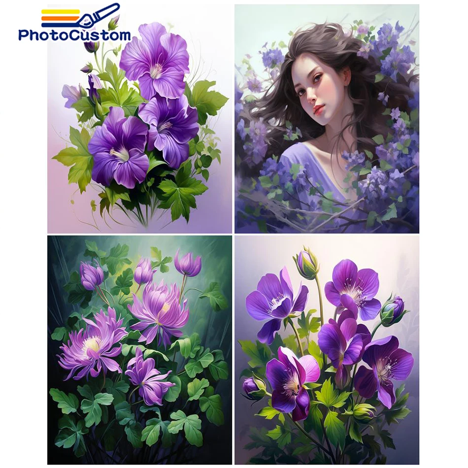 

PhotoCustom Oil Painting By Numbers For Adults Purple Flower Paints By Number On Canvas Modern Painting DIY Home Decor Wall Art