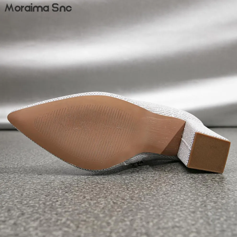 Silver Pointed Toe High Heel Ankle Boots Fashion Chunky Heel Ankle Boots Plus Size Fashion Side Zipper Rider Boots Women's Boots