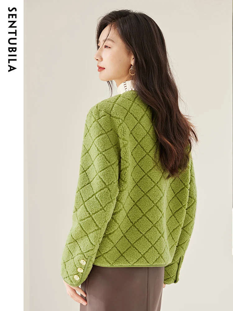 SENTUBILA Vintage Faux Fur Coats Women Autumn Winter Argyle Pattern Short Warm Korean Jackets Ladies 2023 Outerwear W34P50139