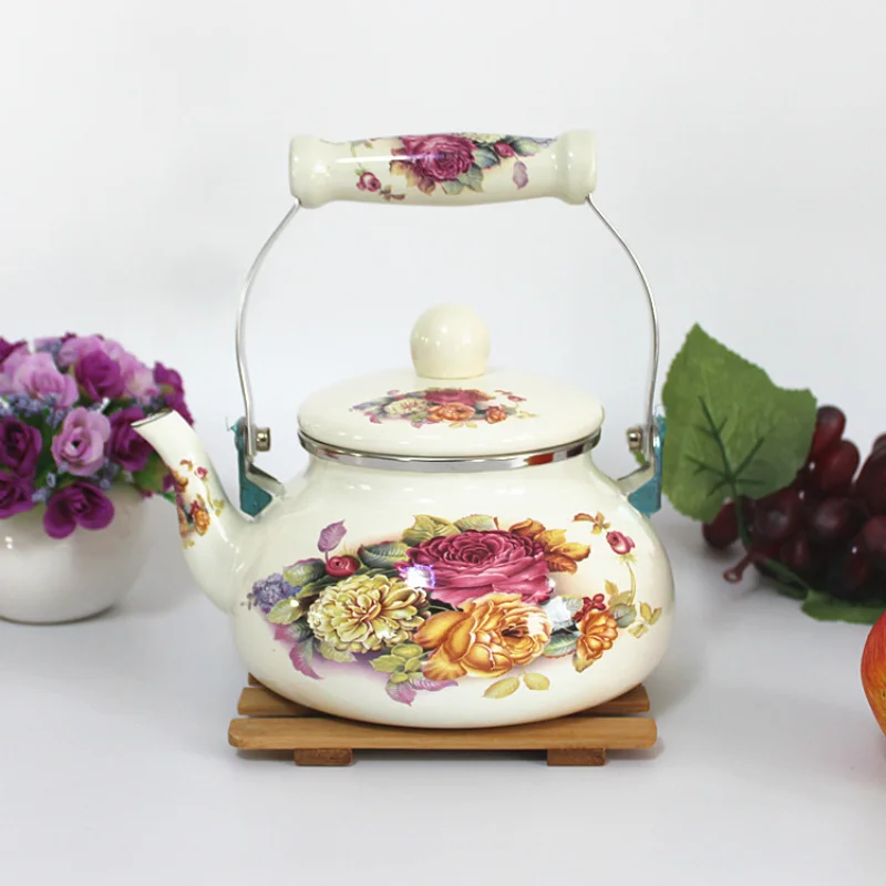 1.5L Flowers Stamp Pot Smooth Kettle Enamel Tea Pot Used On Electromagnetic Stove/Gas Range/Electronic Tube Home kitchen tools